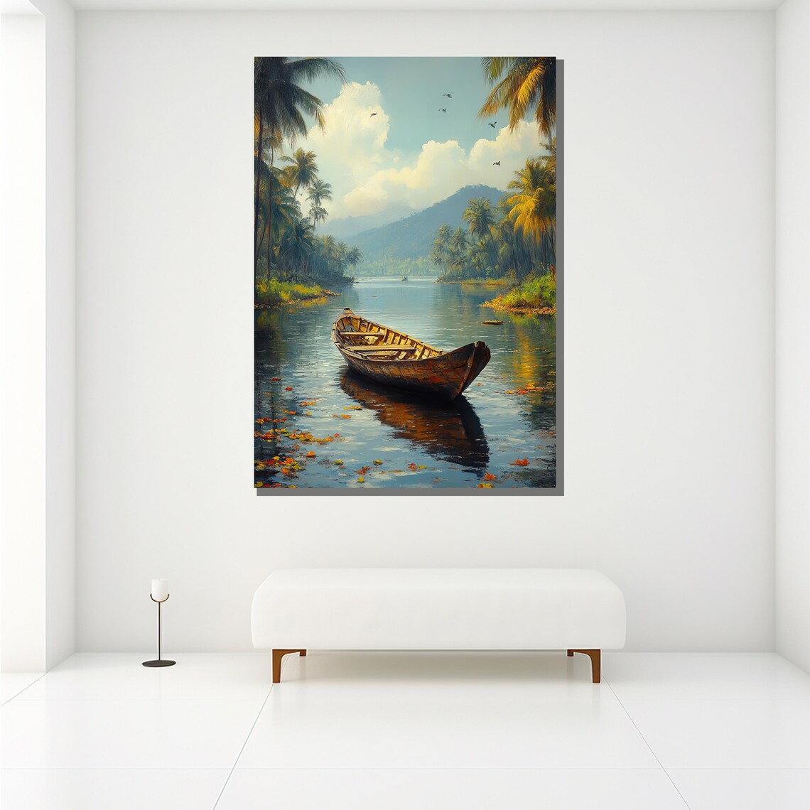 Wooden Canoe Tropical River Palm Trees Tranquil Nature Painting Poster - Image 2
