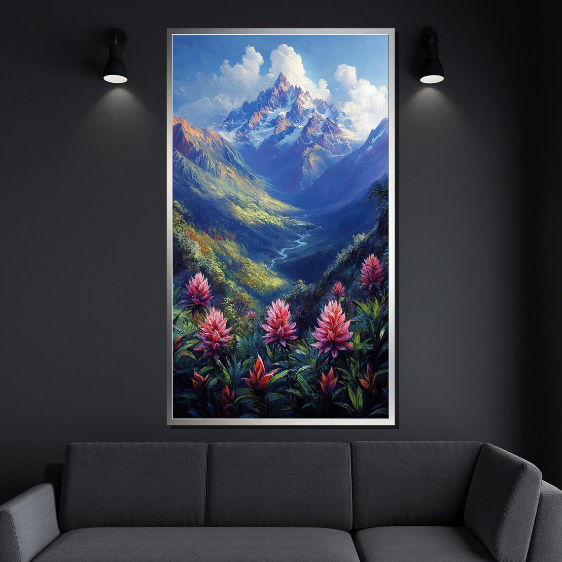 Snowy Mountain Valley Wildflower Meadow Vibrant Nature Painting Poster - Image 4