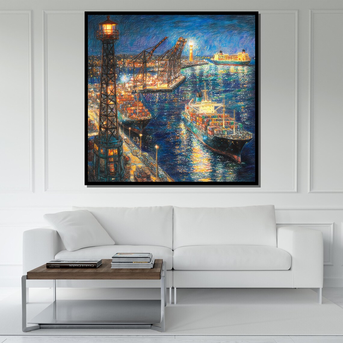 Night Port Painting Harbor Scene Wall Art For Nautical Home Decor And Maritime Lovers Gift - Image 5