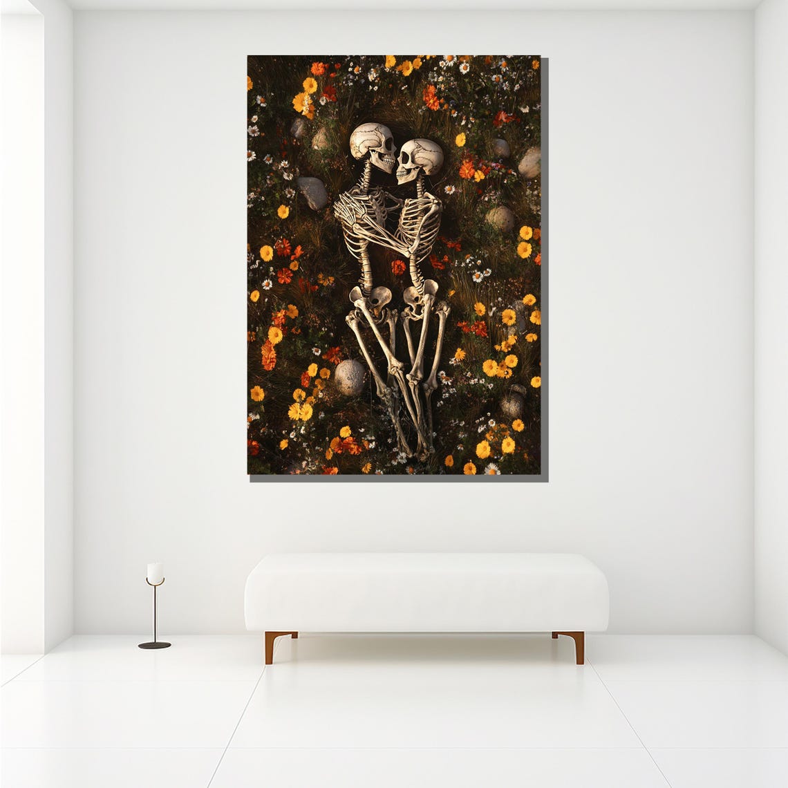 Two Skeletons Embracing In A Wildflower Field Surreal Art Poster - Image 2