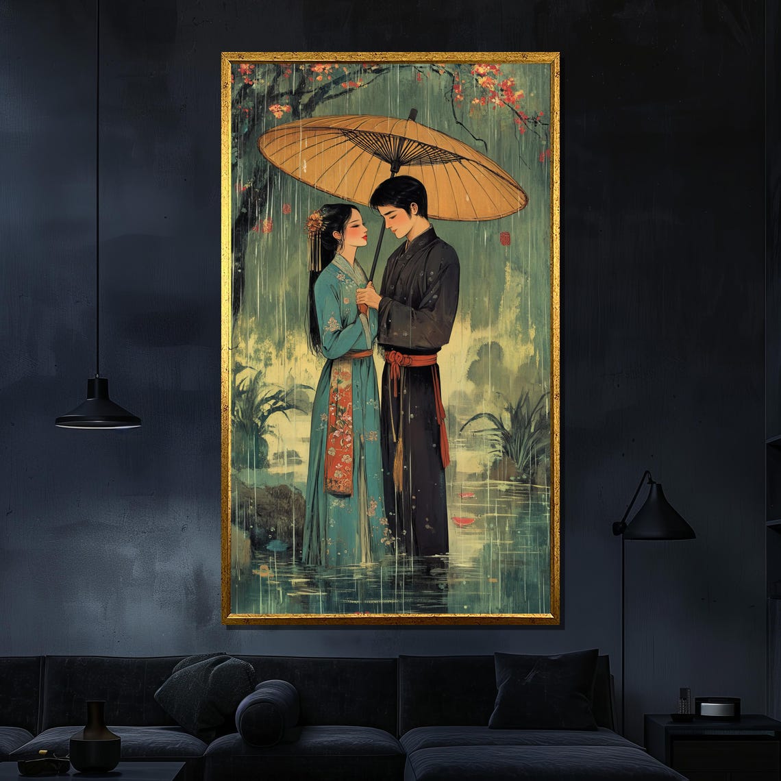 Romantic Chinese Couple Under Paper Umbrella In Rain Art Wall Poster