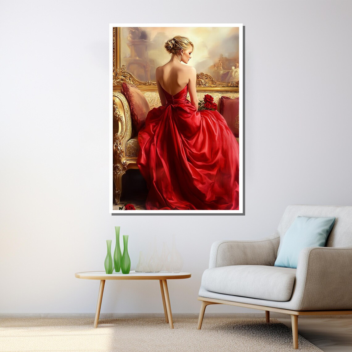 Red Gown Roses Woman Gilded Chair Classic Romantic Oil Painting Poster - Image 3