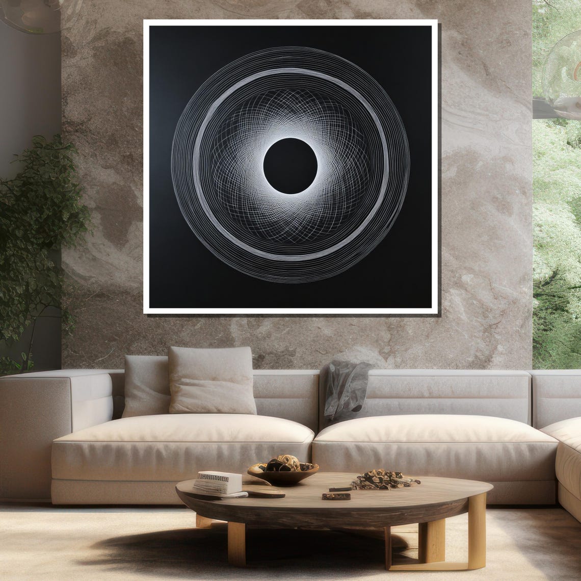 Black White Concentric Circle Line Art Minimalist Monochrome Poster - Image 3