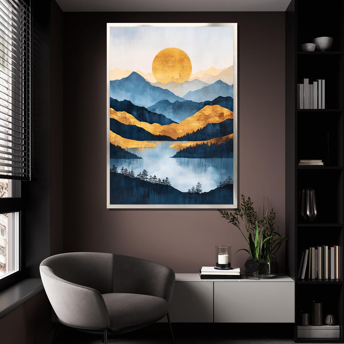 Golden Sun Over Blue Mountain Lake Reflection Minimalist Nature Poster - Image 4
