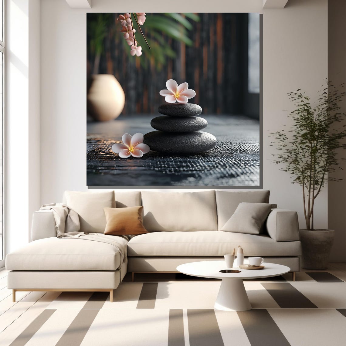 Zen Stone Stack Plumeria Flowers Dark Spa Minimalist Calm Art Poster - Image 2