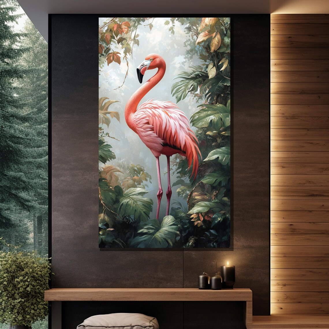 Pink Flamingo Standing In Lush Tropical Jungle Painting Wall Poster - Image 2
