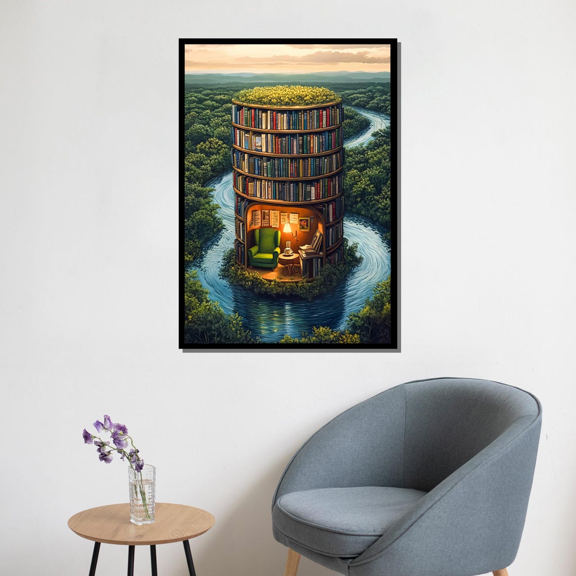 Round Library Tower On A River Island Cozy Reading Nook Poster - Image 5