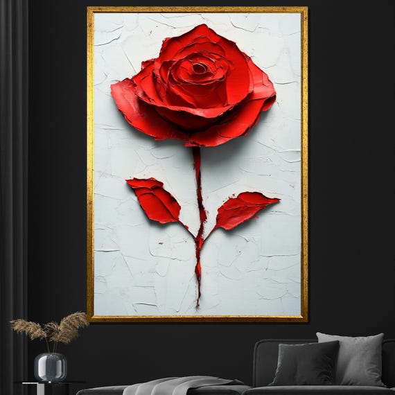 Textured Red Rose Painting Bold Floral Wall Art For Living Room Decor Unique Gift For Art Lovers