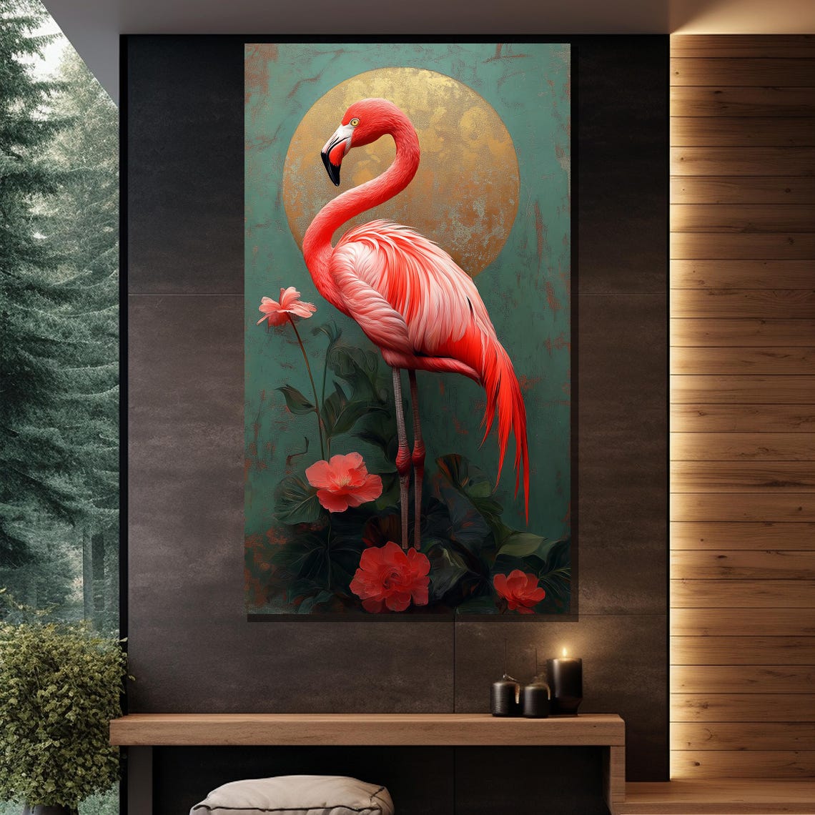 Flamingo Golden Moon Tropical Elegant Pink Bird Floral Wall Art - Image 2