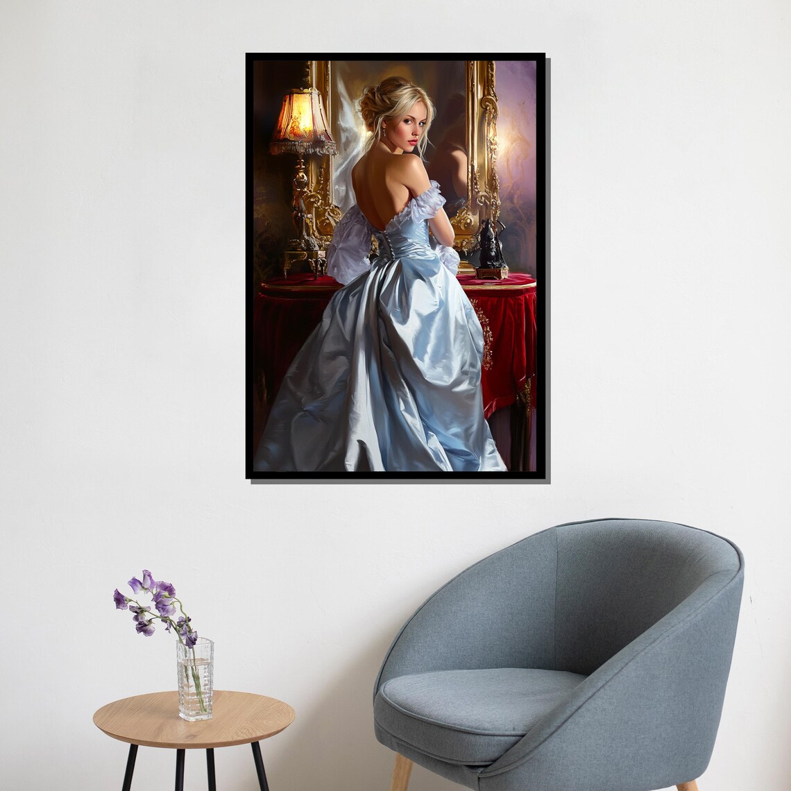 Vintage Elegance Blue Satin Gown Woman Classic Oil Painting Wall Poster - Image 5