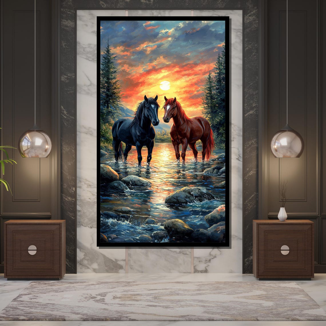 Two Horses In Stream Sunset Black Chestnut Mountain Water Poster - Image 5