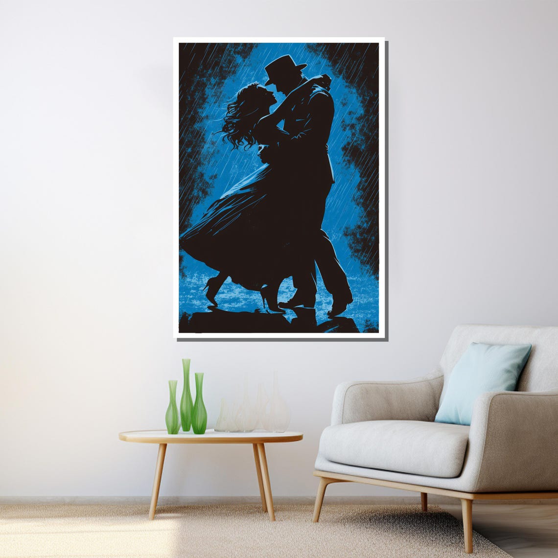 Romantic Couple Dancing In Blue Rain Night Silhouette Painting Poster - Image 3