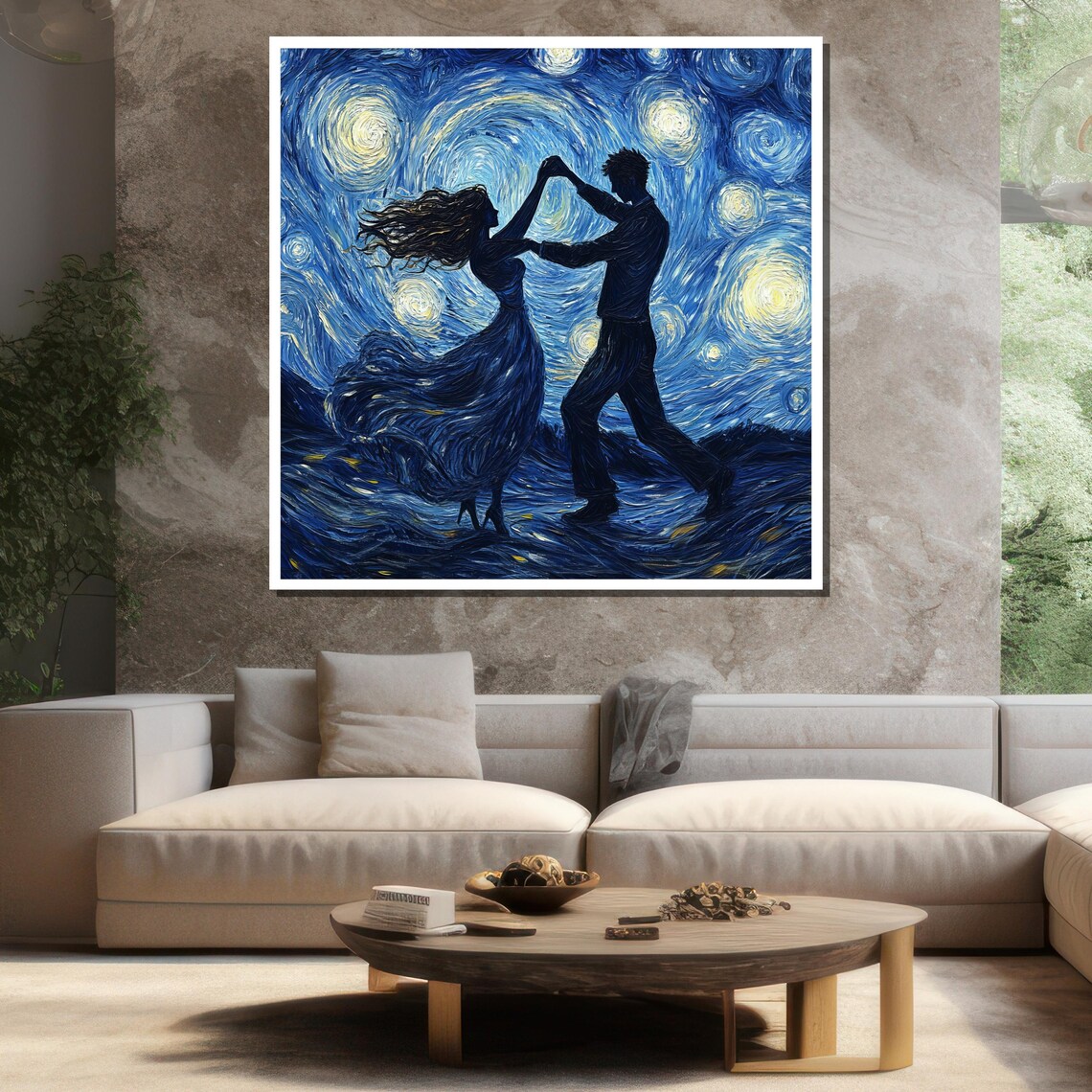 Starry Night Dancing Couple Silhouette Van Gogh Style Oil Painting Poster - Image 3