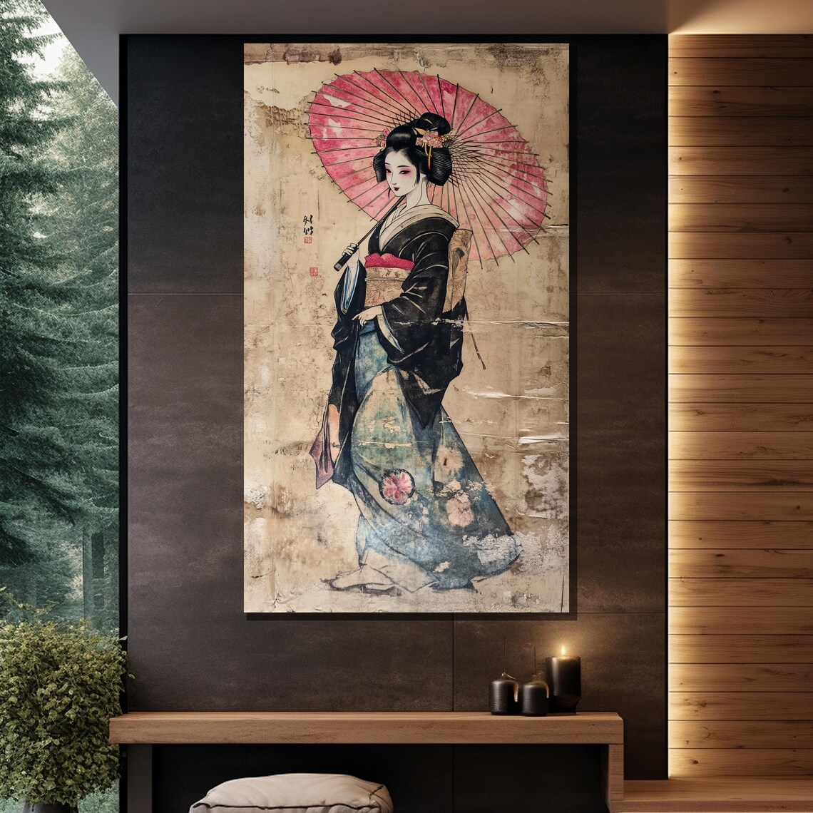 Vintage Geisha Pink Parasol Traditional Kimono Japanese Art Print - Image 2