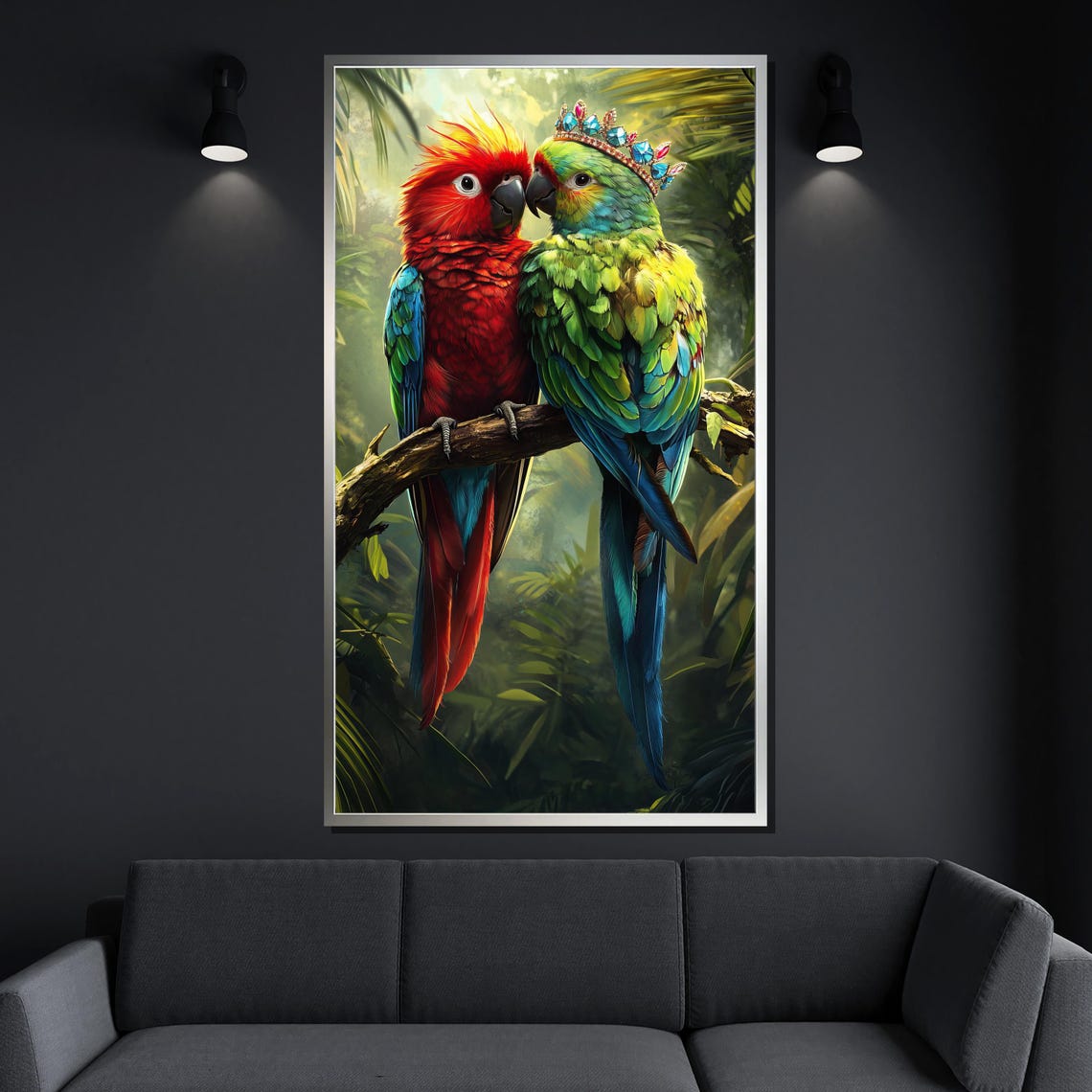 Crowned Parrot Pair Beak To Beak Whimsical Tropical Jungle Bird Poster - Image 4