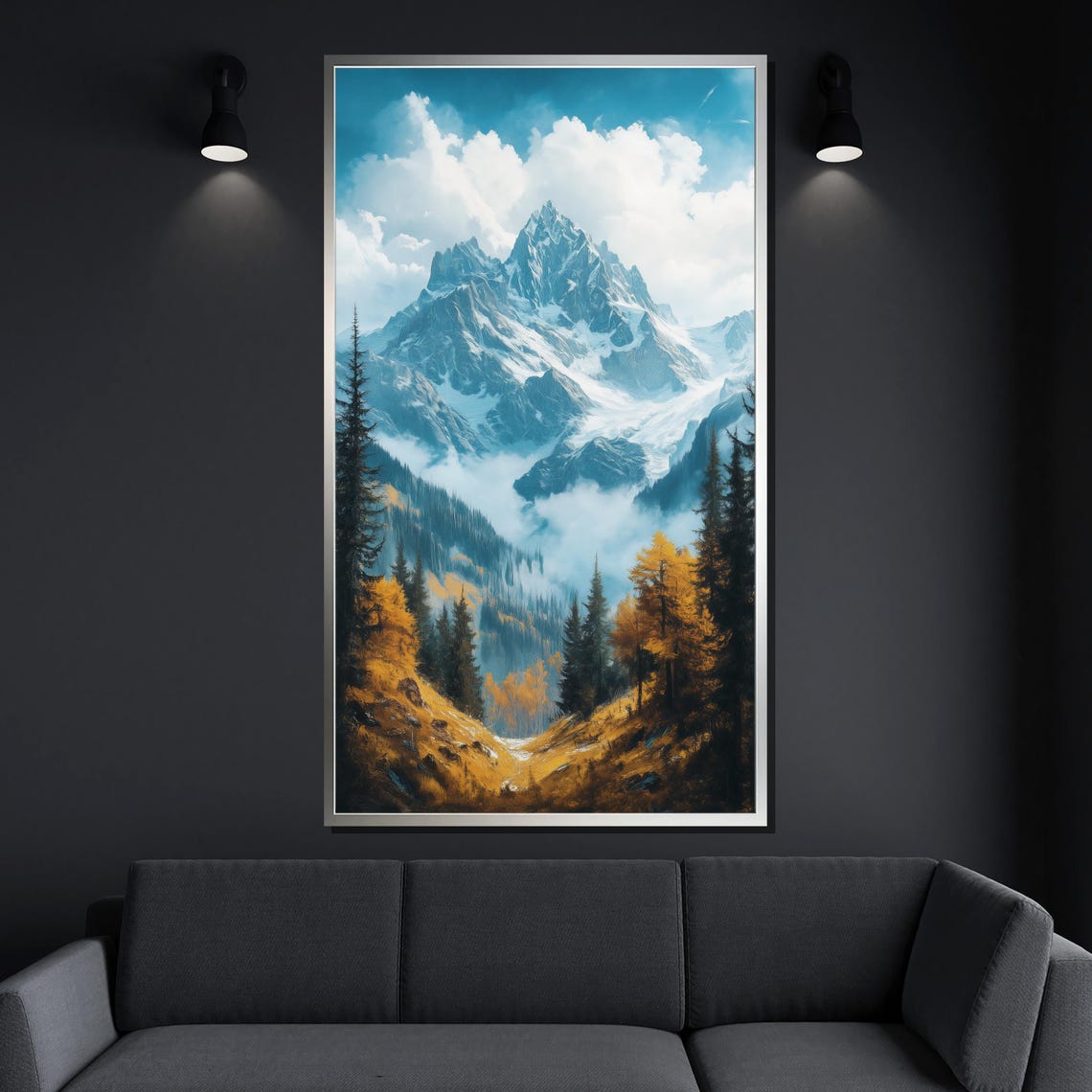 Dramatic Snowy Peak Clouds Golden Autumn Forest Mountain Poster - Image 4