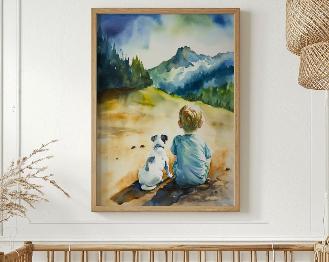 Boy And Dog Nursery Print Watercolor Painting Animal Wall Art Puppy Mountain Nature Toddler Baby Room Artwork