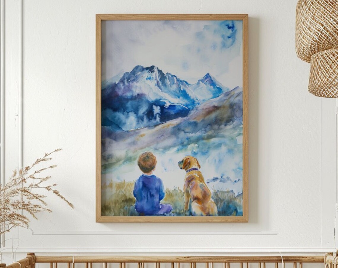 Boy And Dog Nursery Print Watercolor Painting Animal Wall Art Puppy Mountain Nature Toddler Baby Room Artwork