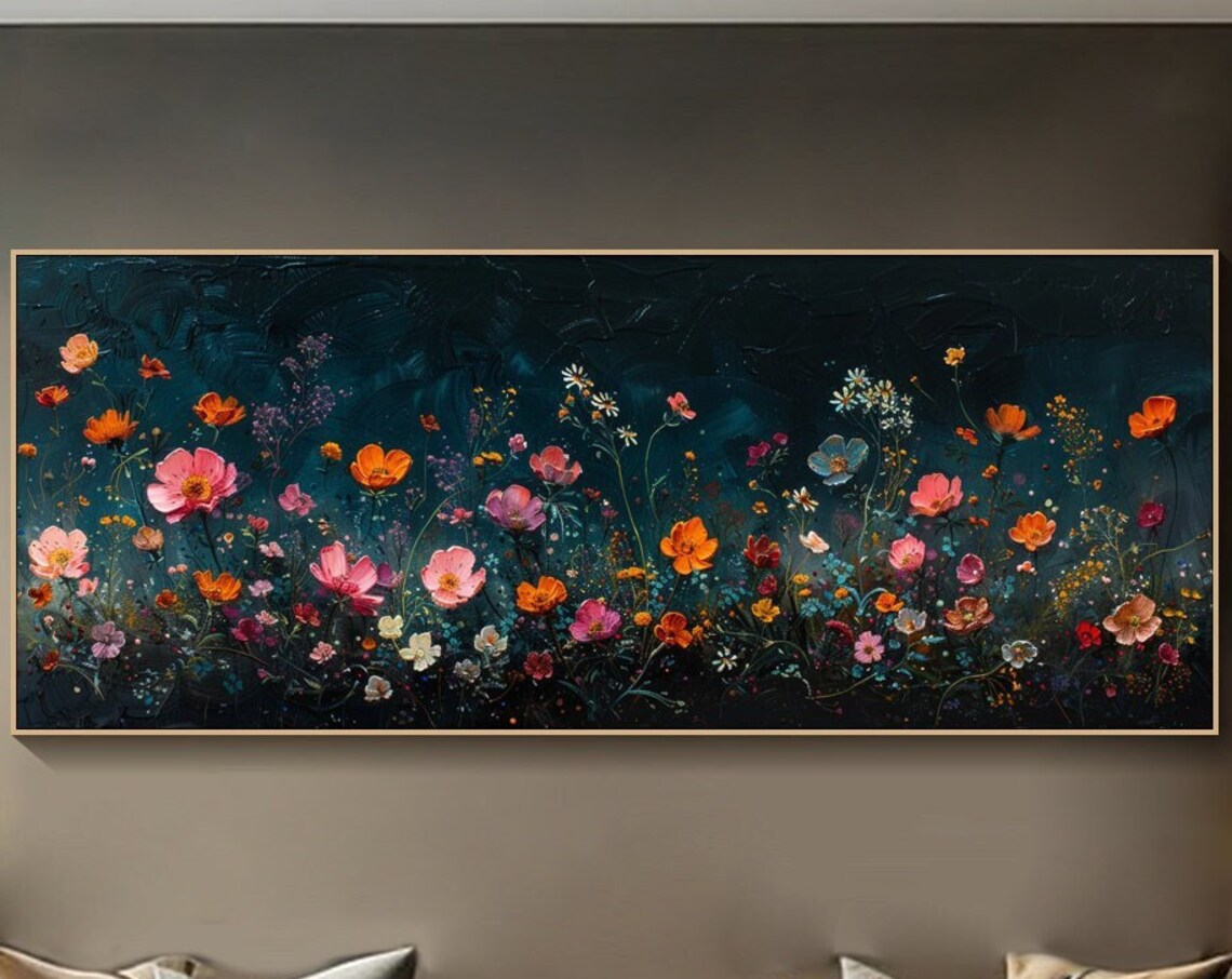 Colorful Wildflowers Coral Orange on Dark Teal Moody Art Poster