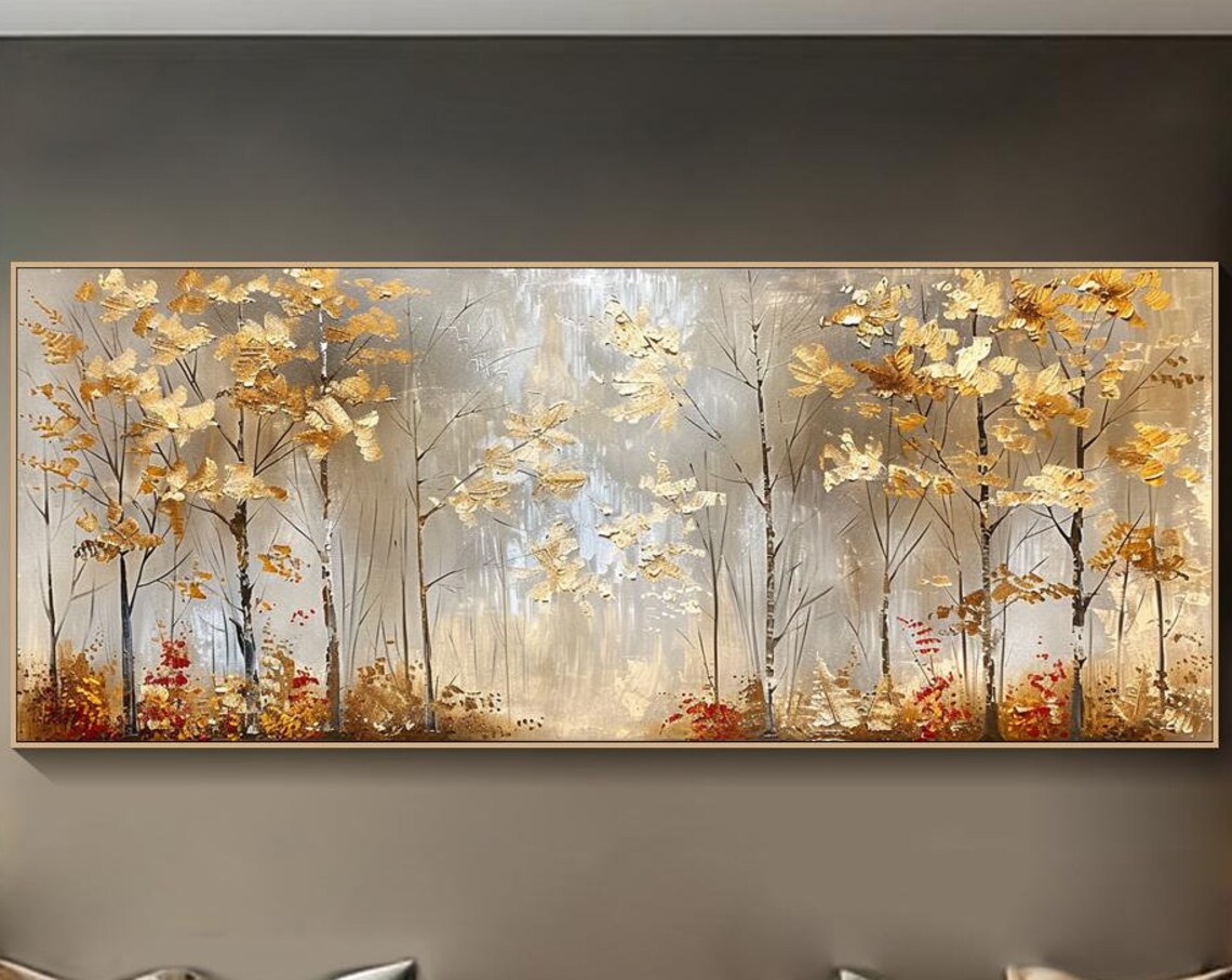 Golden Forest Oil Painting Art Print, Textured Trees