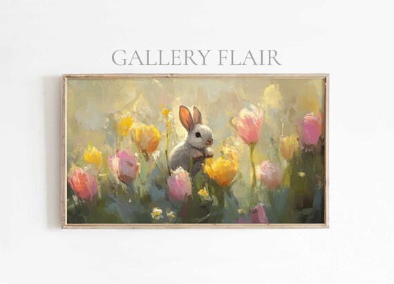 White Bunny Hidden Among Pink Yellow Tulips Spring Painting Poster