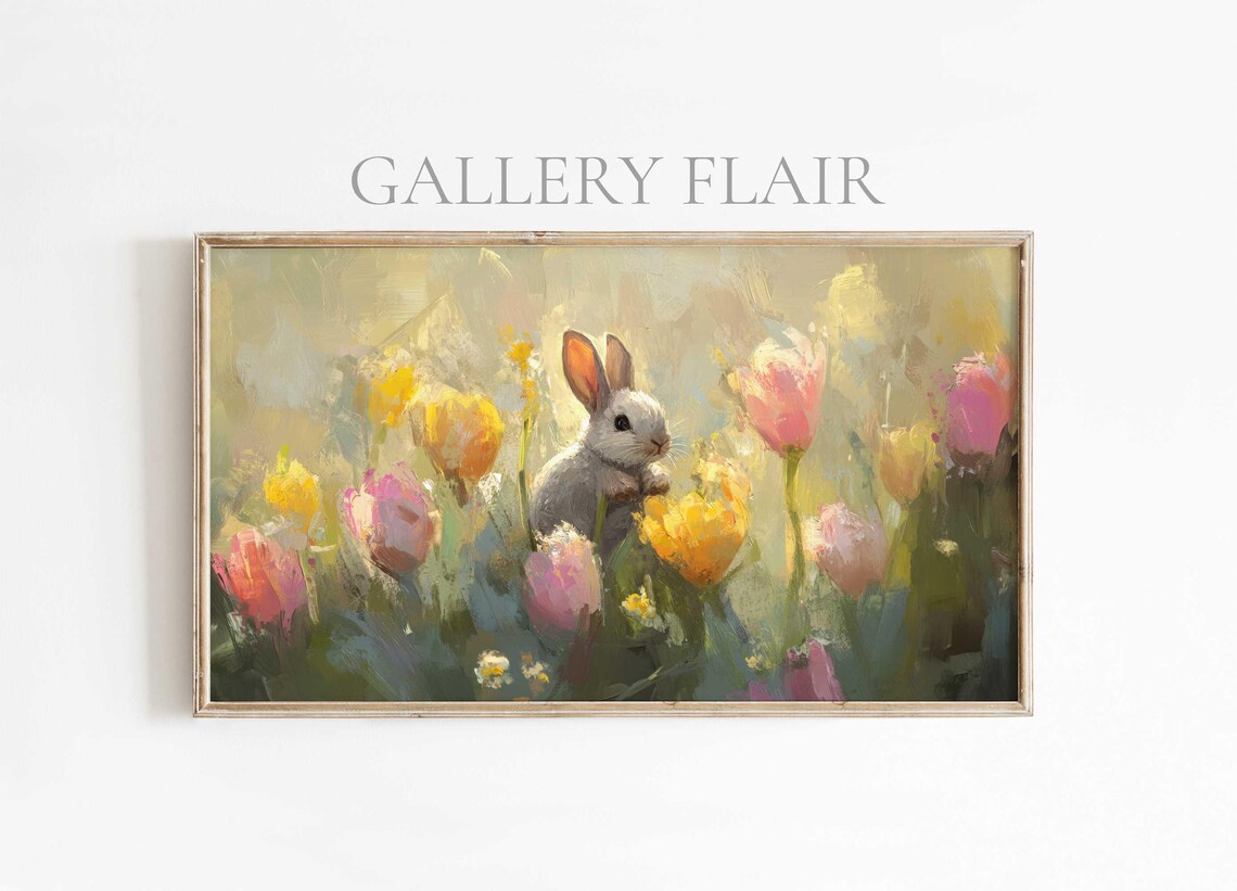 White Bunny Hidden Among Pink Yellow Tulips Spring Painting Poster