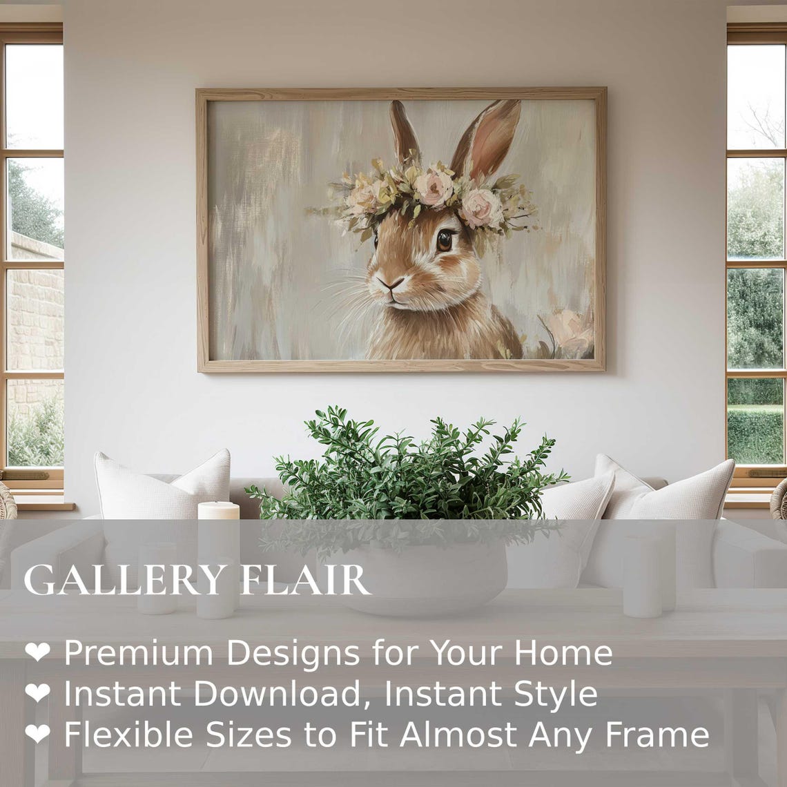 Bunny Portrait Floral Rose Crown Cute Rabbit Painting Wall Art - Image 2