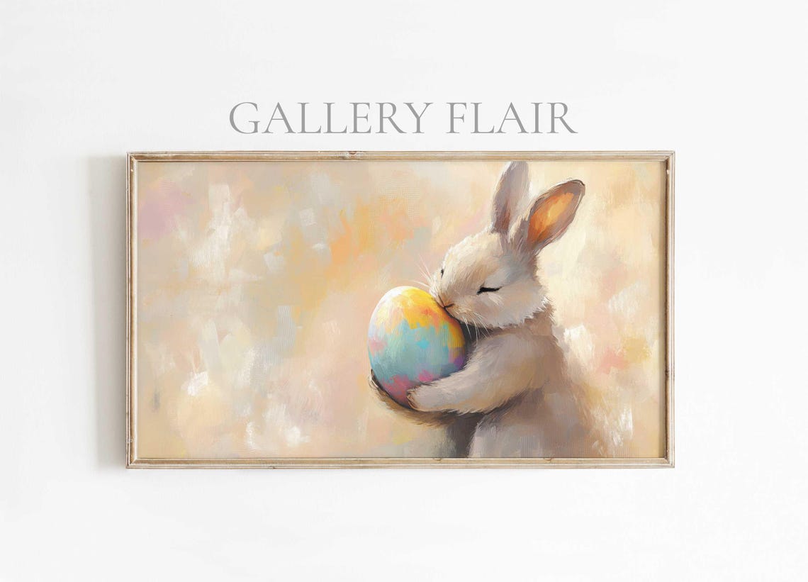 White Bunny Nuzzling Colorful Watercolor Easter Egg Spring Poster