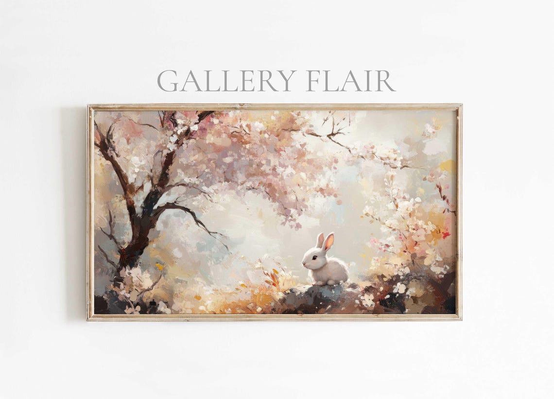 White Bunny Beneath Blossoming Cherry Tree Spring Painting Poster