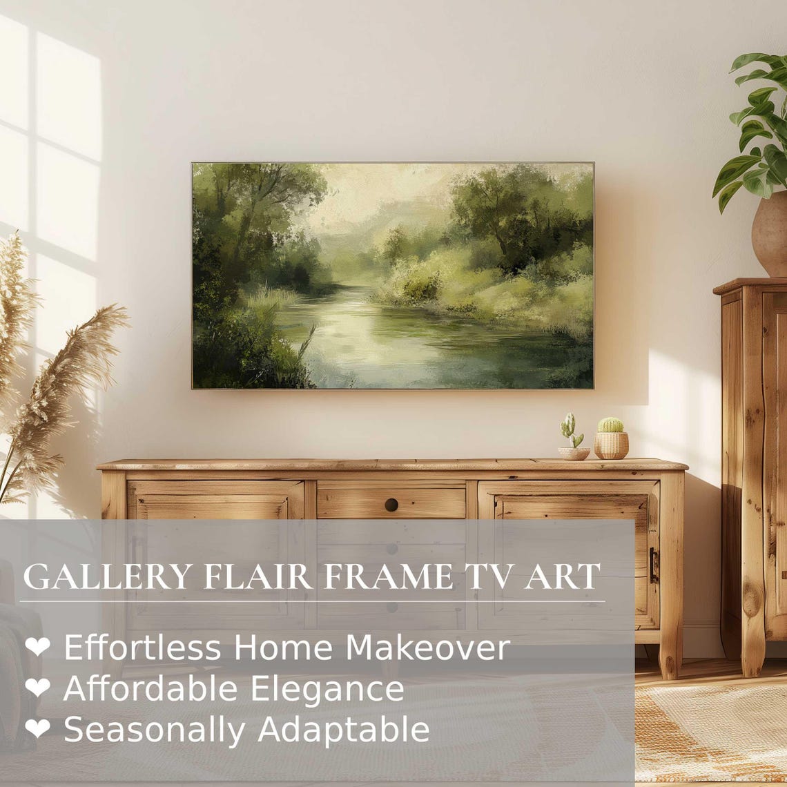Serene River Green Hills Misty Trees Impressionist Nature Poster - Image 2