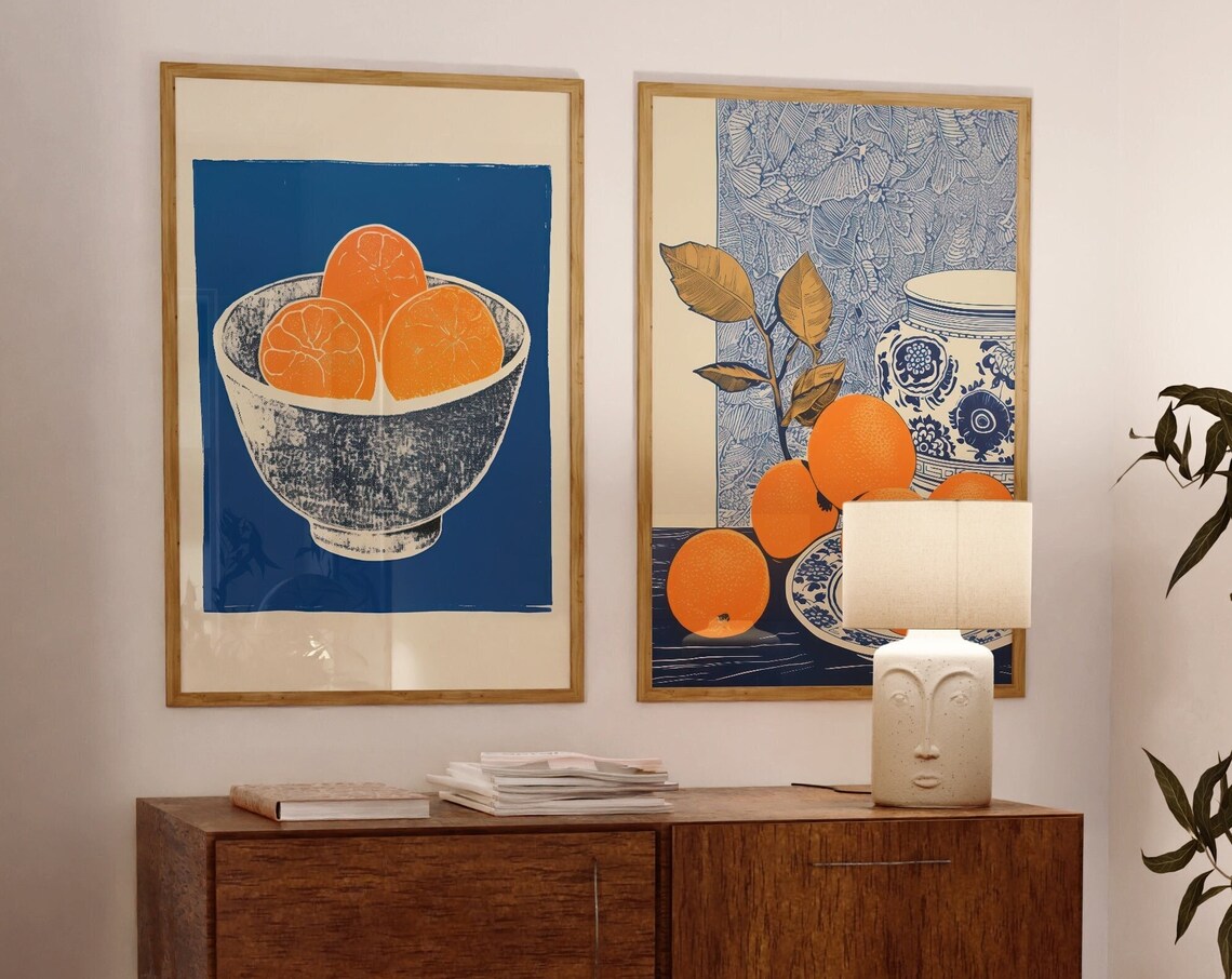 Retro Orange Blue Kitchen Print Set, 70s Psychedelic