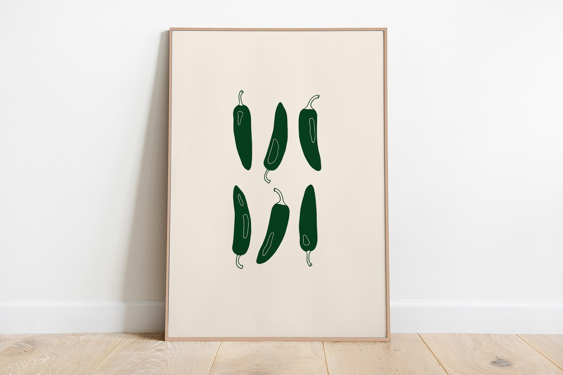 Green Jalapeno Peppers Row Graphic Minimalist Kitchen Wall Art - Image 3