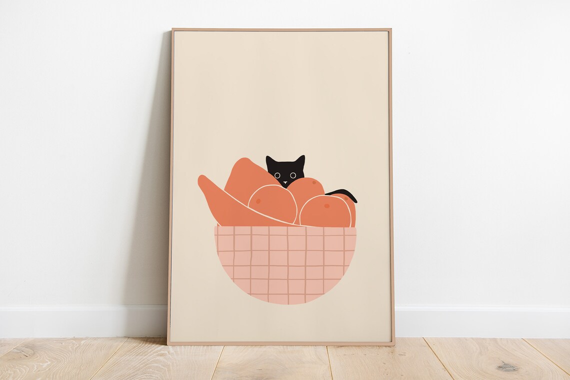 Cat Fruit Bowl Art Print, Cute Cat Illustration - Image 4
