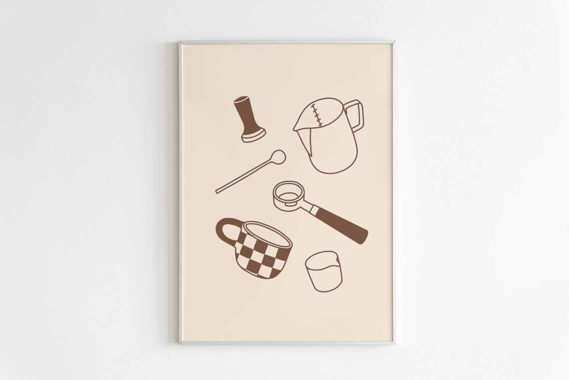 Espresso Coffee Brewing Tools Minimalist Line Art Kitchen Poster