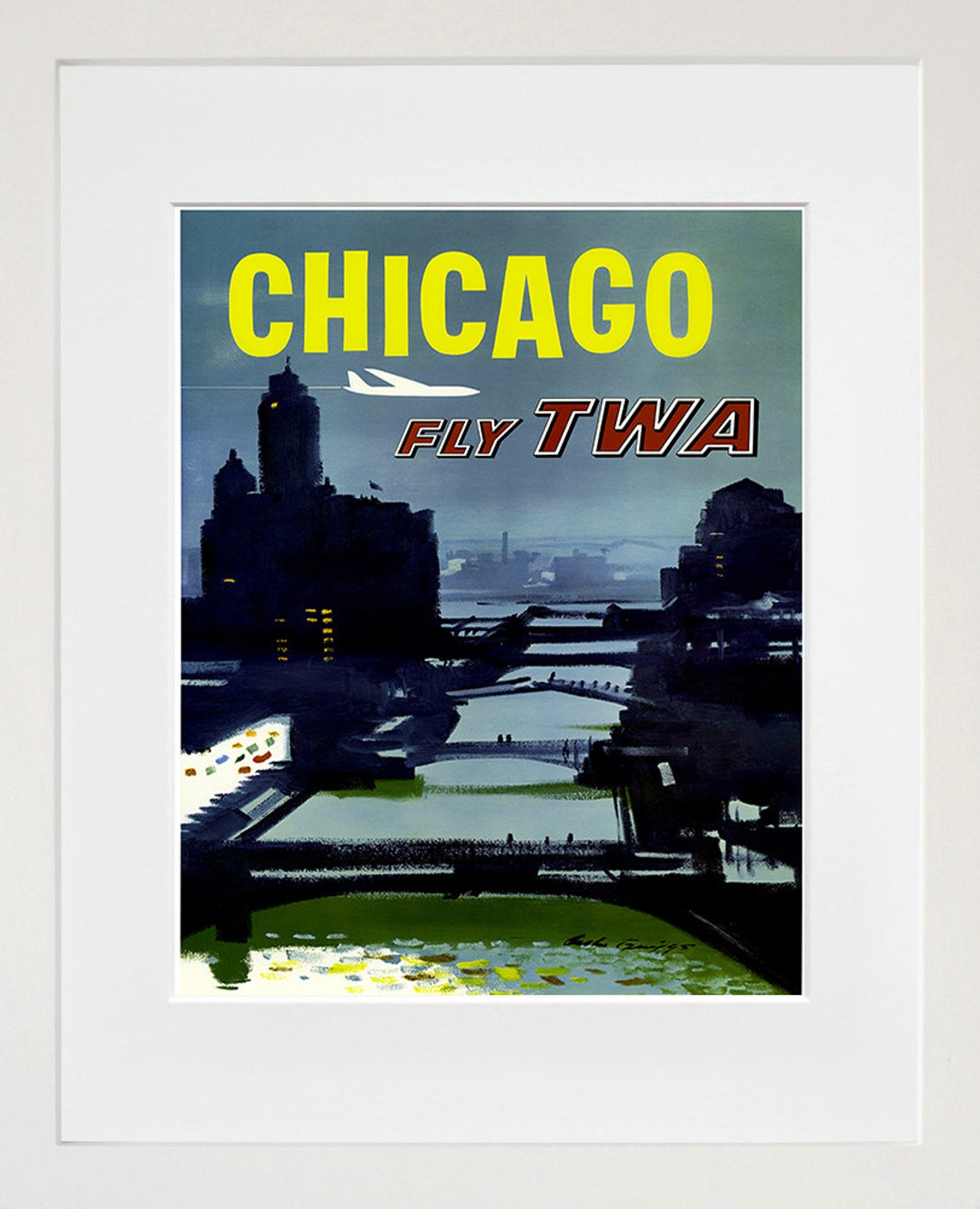 Chicago Fly TWA Vintage Airline Travel Poster Night River Skyline - Image 2