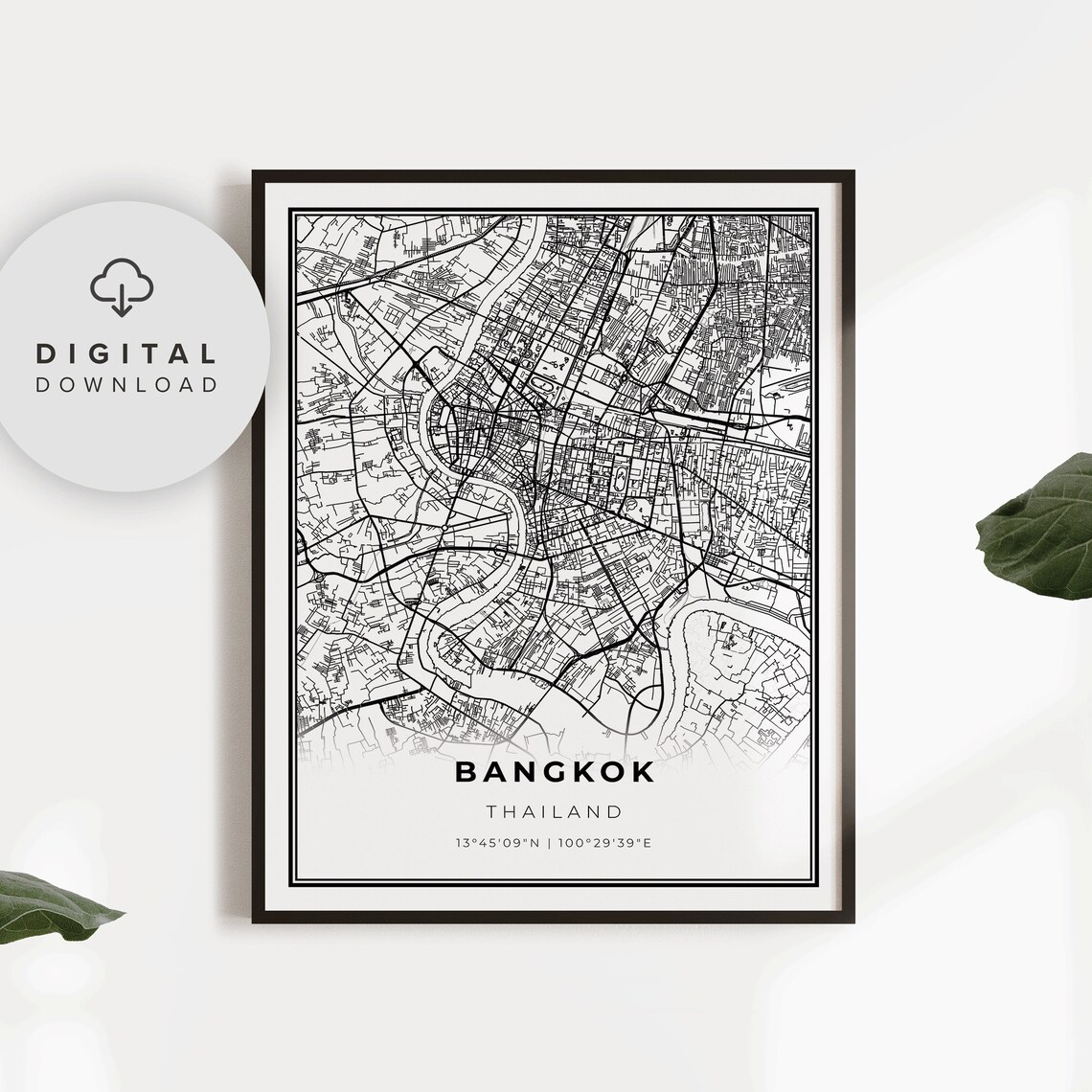 Bangkok Thailand City Street Road Map Minimalist Black Art Poster