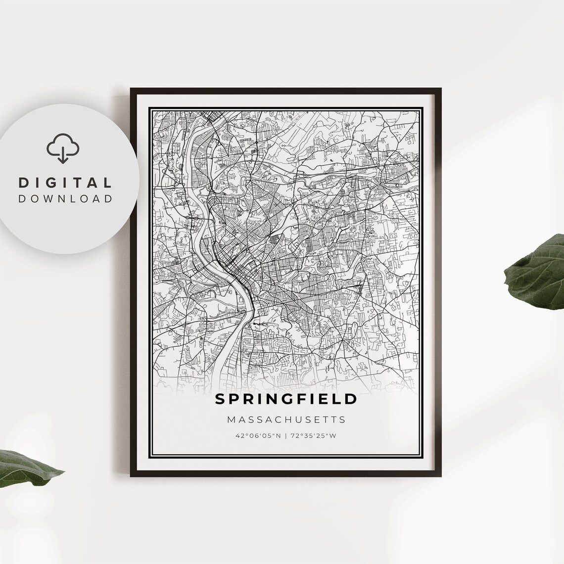 Springfield Massachusetts City Street Road Map Minimalist Black Poster