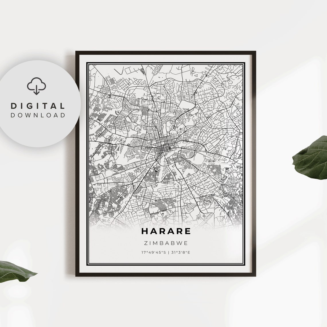 Harare Map Print Zimbabwe Art Poster Salisbury City Street Road Prints Np635