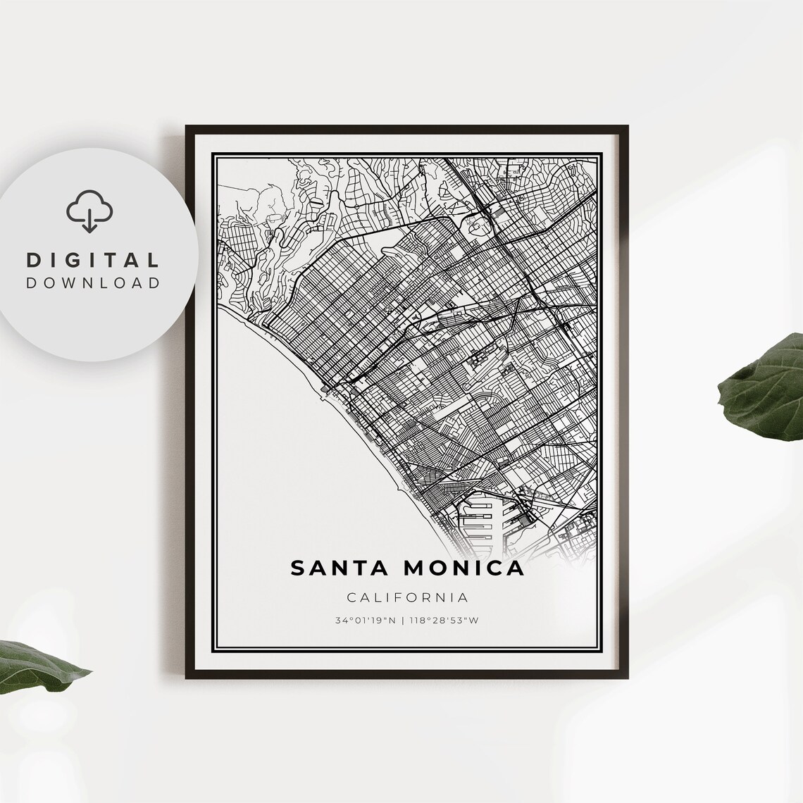 Santa Monica California Beach Minimalist City Street Map Poster