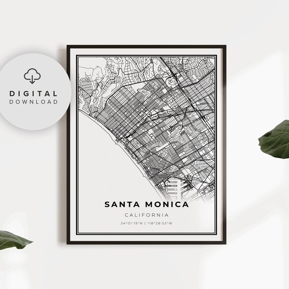 Santa Monica California Beach Minimalist City Street Map Poster