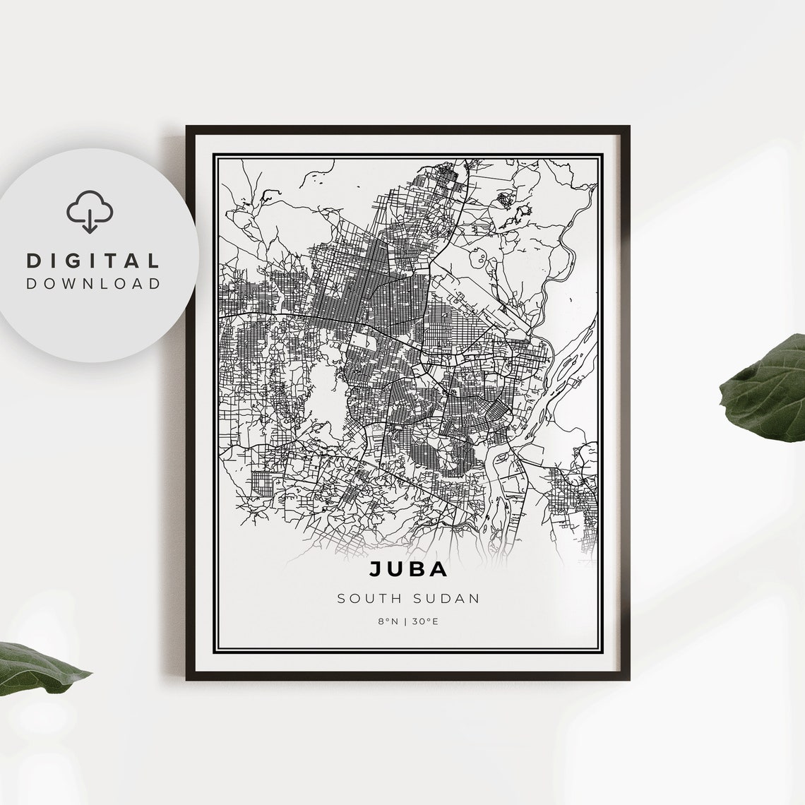 Juba South Sudan Minimalist City Street Map Black Line Art Print