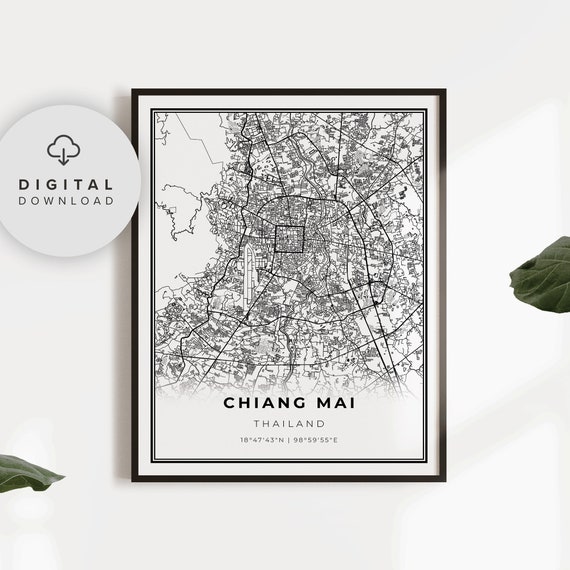 Chiang Mai Map Print Thailand Art Poster Chiengmai Chiangmai City Street Road Np872