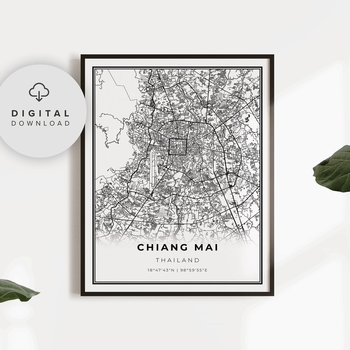 Chiang Mai Thailand Detailed Street Map Minimalist Line Art Print