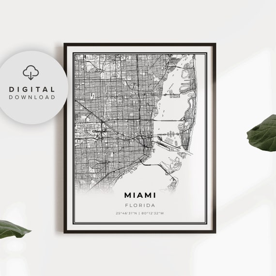 Miami Map Print Florida Fl Usa Art Poster City Street Road Office Gift For Papa Np190