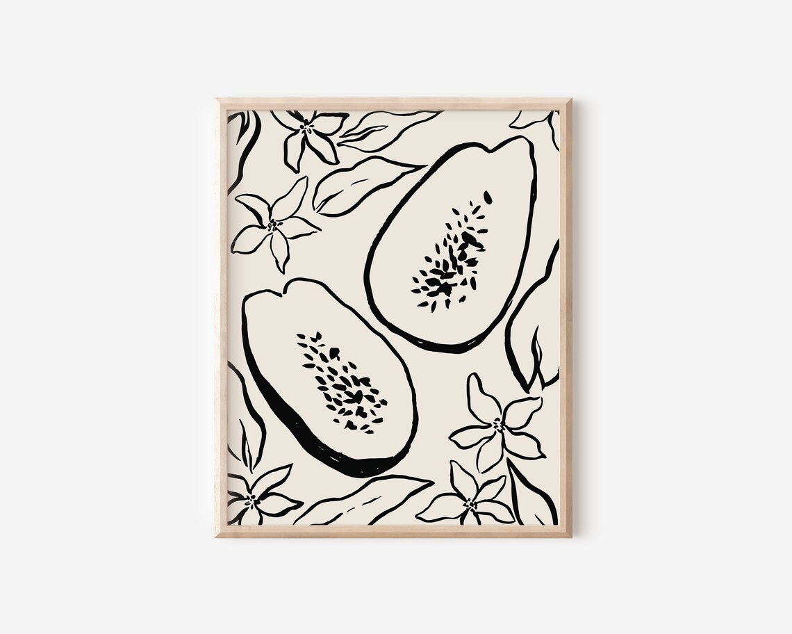 Papaya Botanical Ink Drawing, Tropical Kitchen Art Print