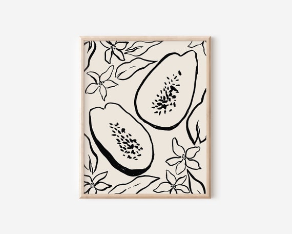 Papaya Botanical Ink Drawing, Tropical Kitchen Art Print