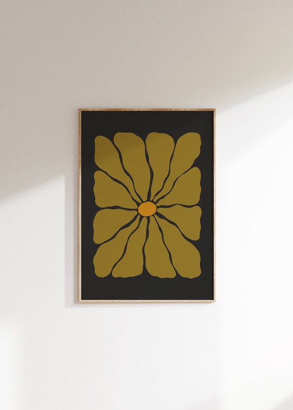Antique Gold Groovy Bloom Amber Heart Black Retro Floral Poster