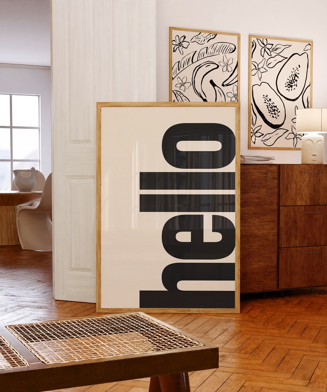 Hello Typography Poster, Retro Neutral Wall Art