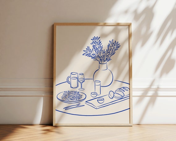 Table Setting Ink Drawing Restaurant Art Print Girl Dinner Line Art Illustration Kitchen Art Artwork Instant