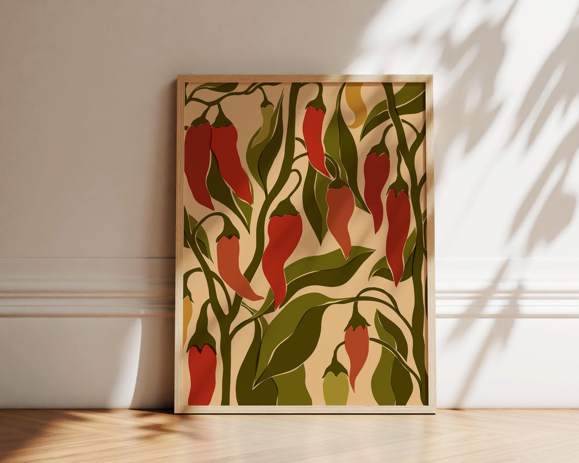 Red Chili Peppers Botanical Market Illustration Kitchen Poster